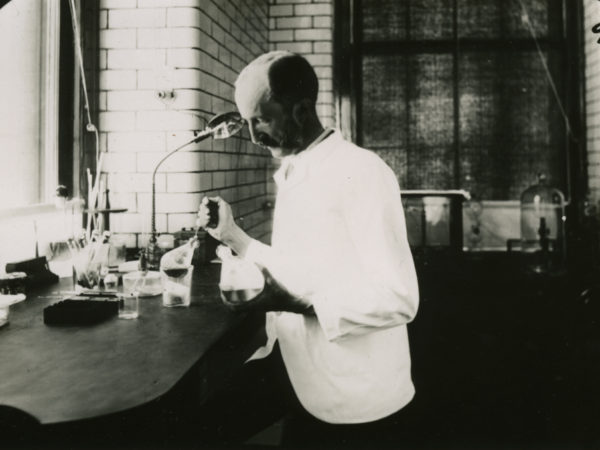 Doctor Edward Livingston Trudeau in Trudeau Sanitarium lab in Saranac Lake