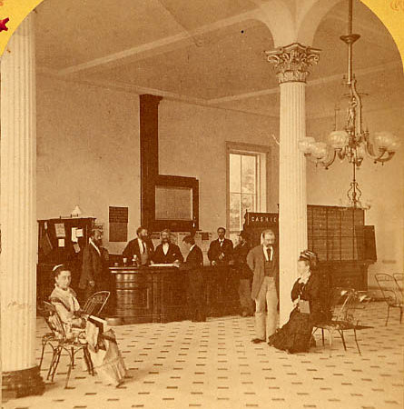 People in the lobby of the Fort William Henry Hotel in Lake George