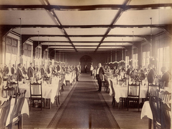 Waiters inside the dining room of the Hotel Champlain in Plattsburgh