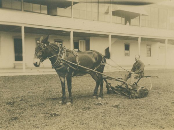 Horse drawn lawn mower at Paul Smith’s Hotel in Paul Smiths