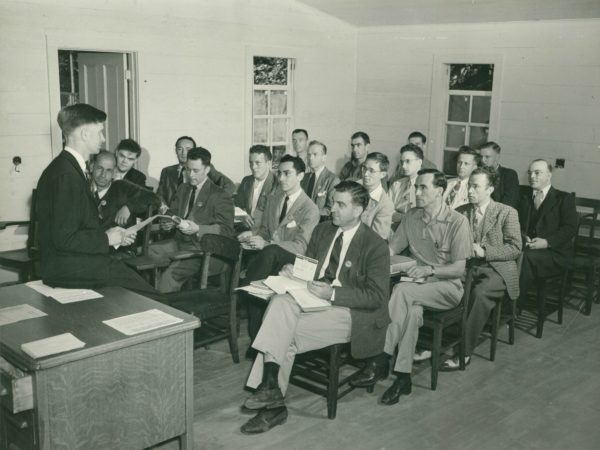 Men in classroom at the Signal Corps School in Paul Smiths