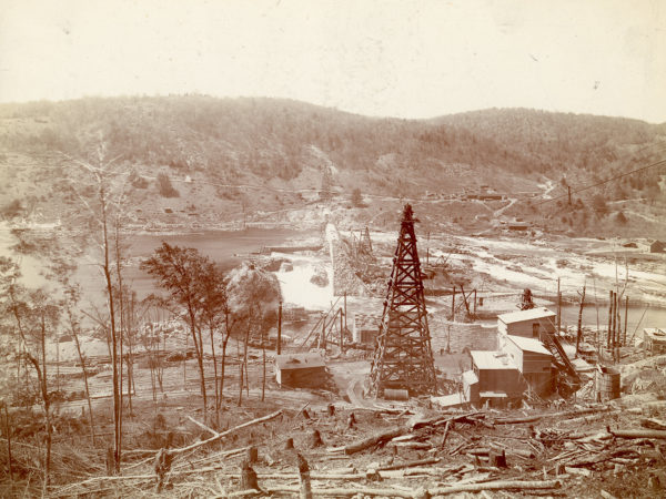 Hillside view of the Spier Falls Dam in Lake Luzerne