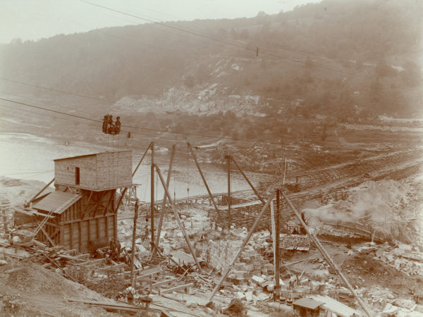 Early construction of the Spier Falls Dam in Lake Luzerne