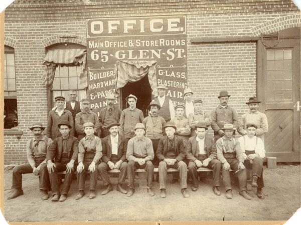 Workers outside the Kendrick, Brown & Co. lumber manufacturers in Glens Falls