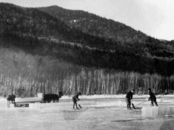 Harvesting ice on Lower AuSable Lake near Keene