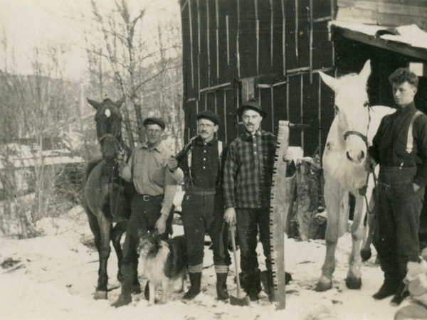 Four man crew with horses at Lumber Camp III in Keene Valley