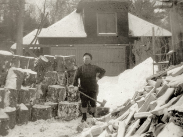 Jim Stone splitting wood in Keene Valley