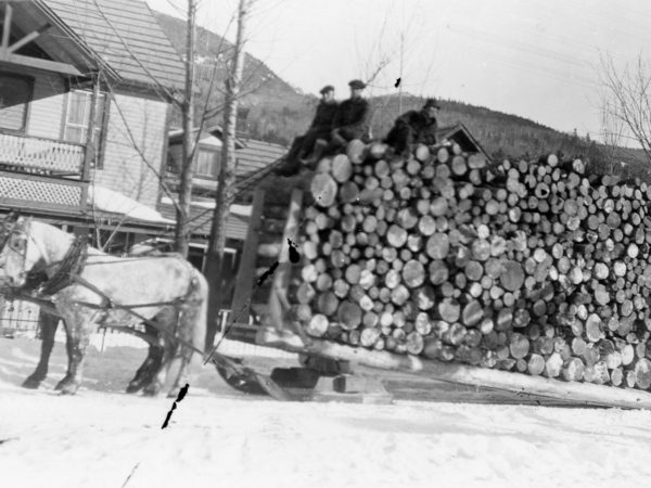 The Crawfords hauling a load of pulpwood in Keene Valley