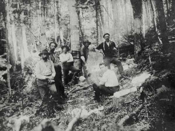 Seven men at a lumber camp in Keene Valley