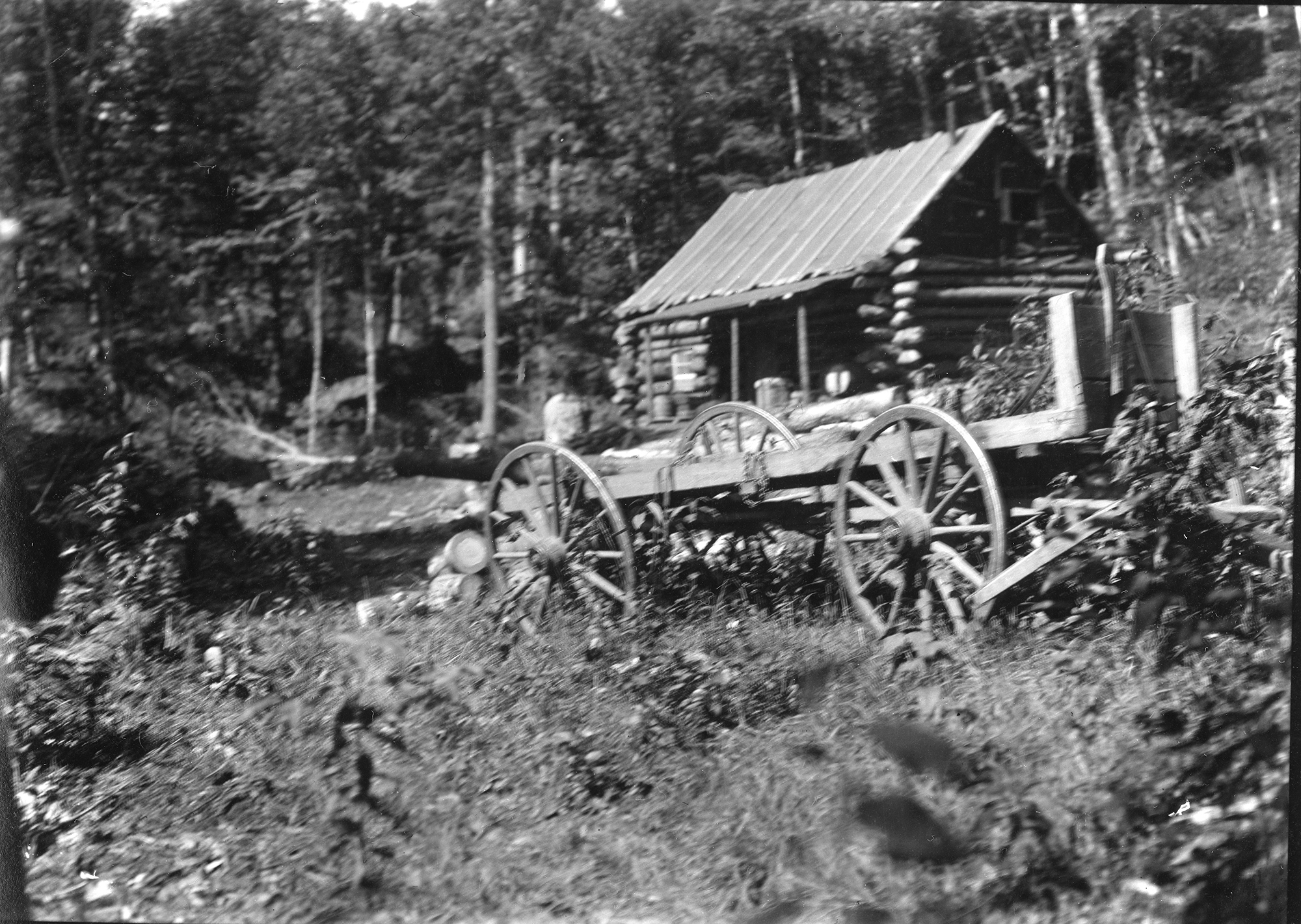 Wagon and camp at Hulls Lumber Camp