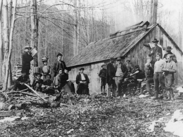 A large group at Charles Beedes’ sugar camp in Keene Valley