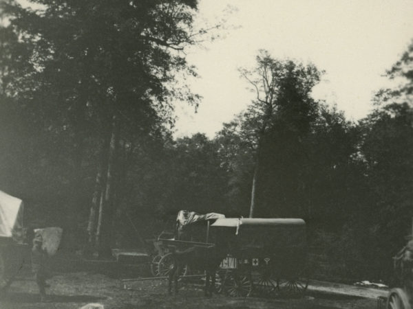 A horse-drawn ambulance at the firefighting camp in Keene Valley