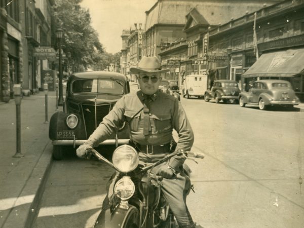 State trooper Bob Gaffney on a motorcycle in Watertown