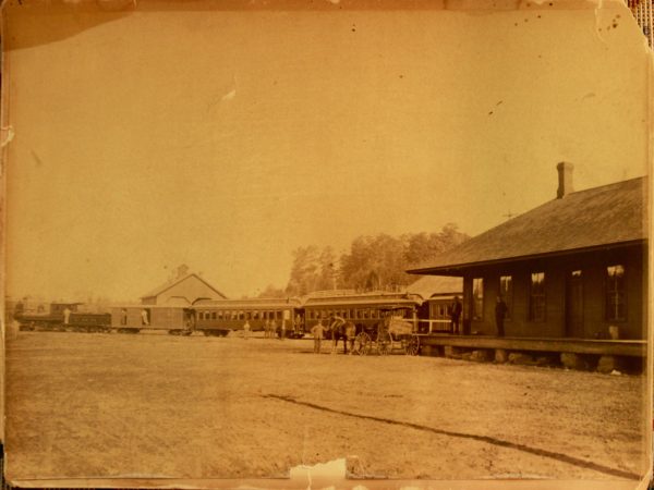 Horse-drawn wagons bearing caskets to the train station