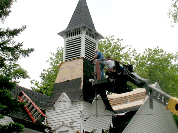 Reshingling the steeple of the Wanakena Presbyterian Church