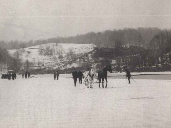 Cutting ice on a lake in the Adirondacks