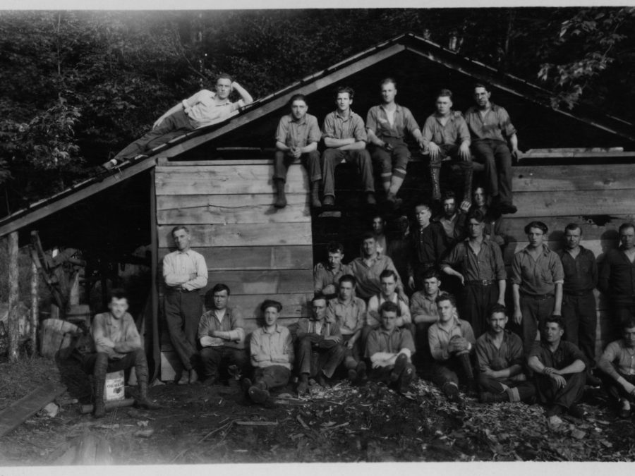 A group of loggers next to a large tree near Tupper Lake