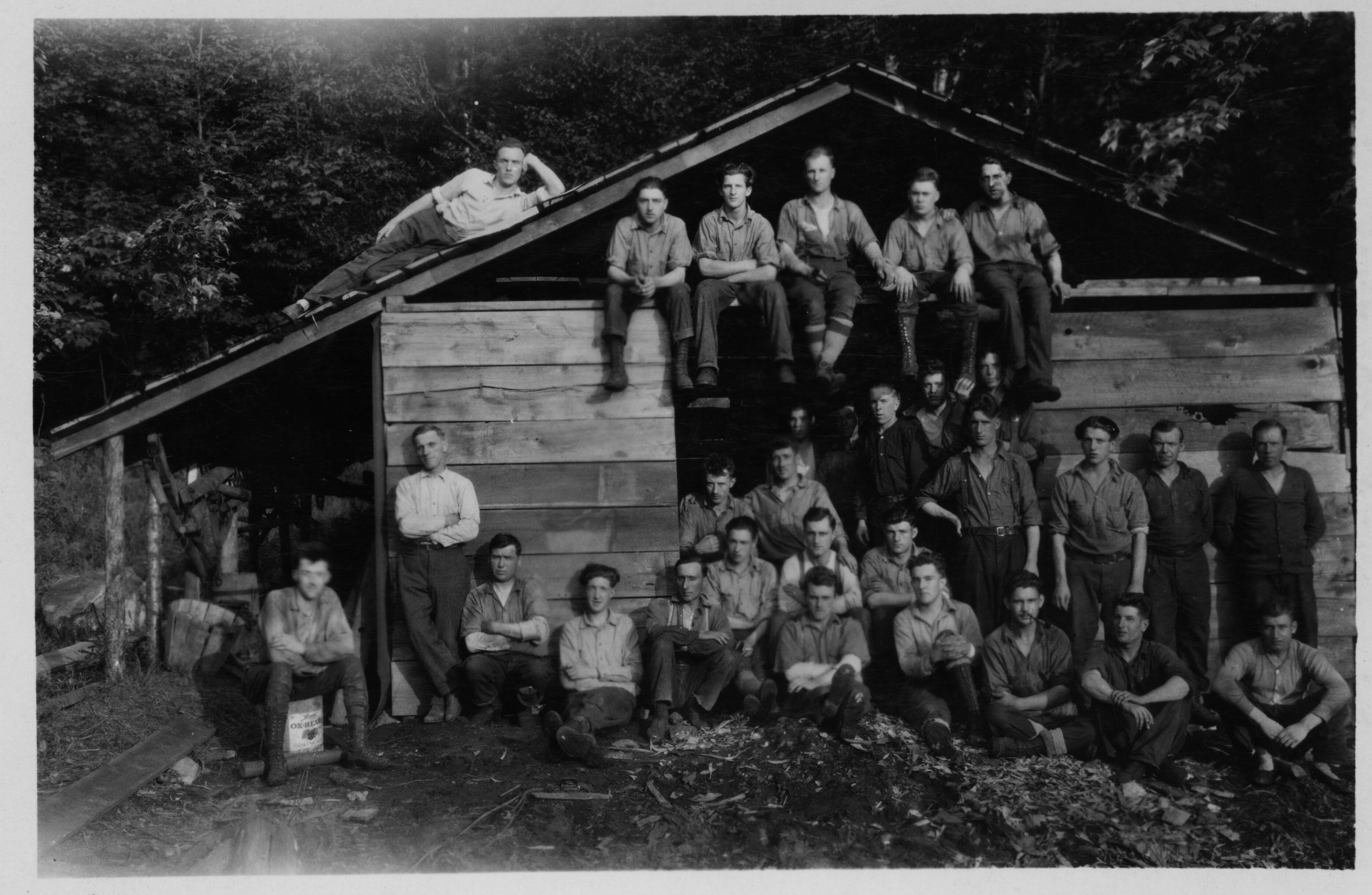A loggers posing at their camp in Tupper Lake