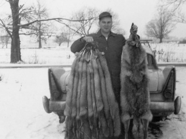Trapper Roy Johnson with pelts in Brier Hill