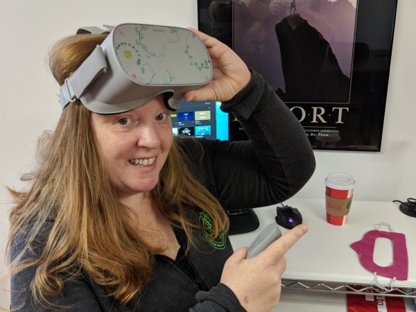 Monica Peters with a VR headset in Akwesasne