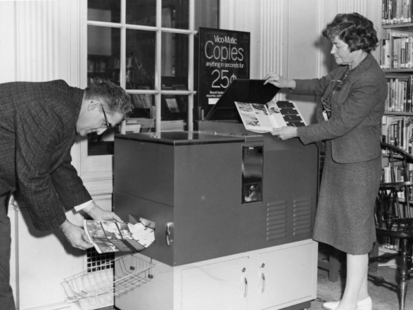 Using the new vico-matic copy machine at Crandall Public Library in Glens Falls