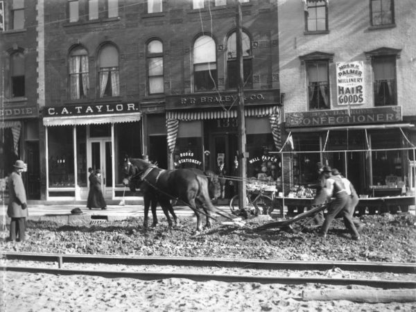 Laying down electric trolley tracks on Glen Street in Glens Falls