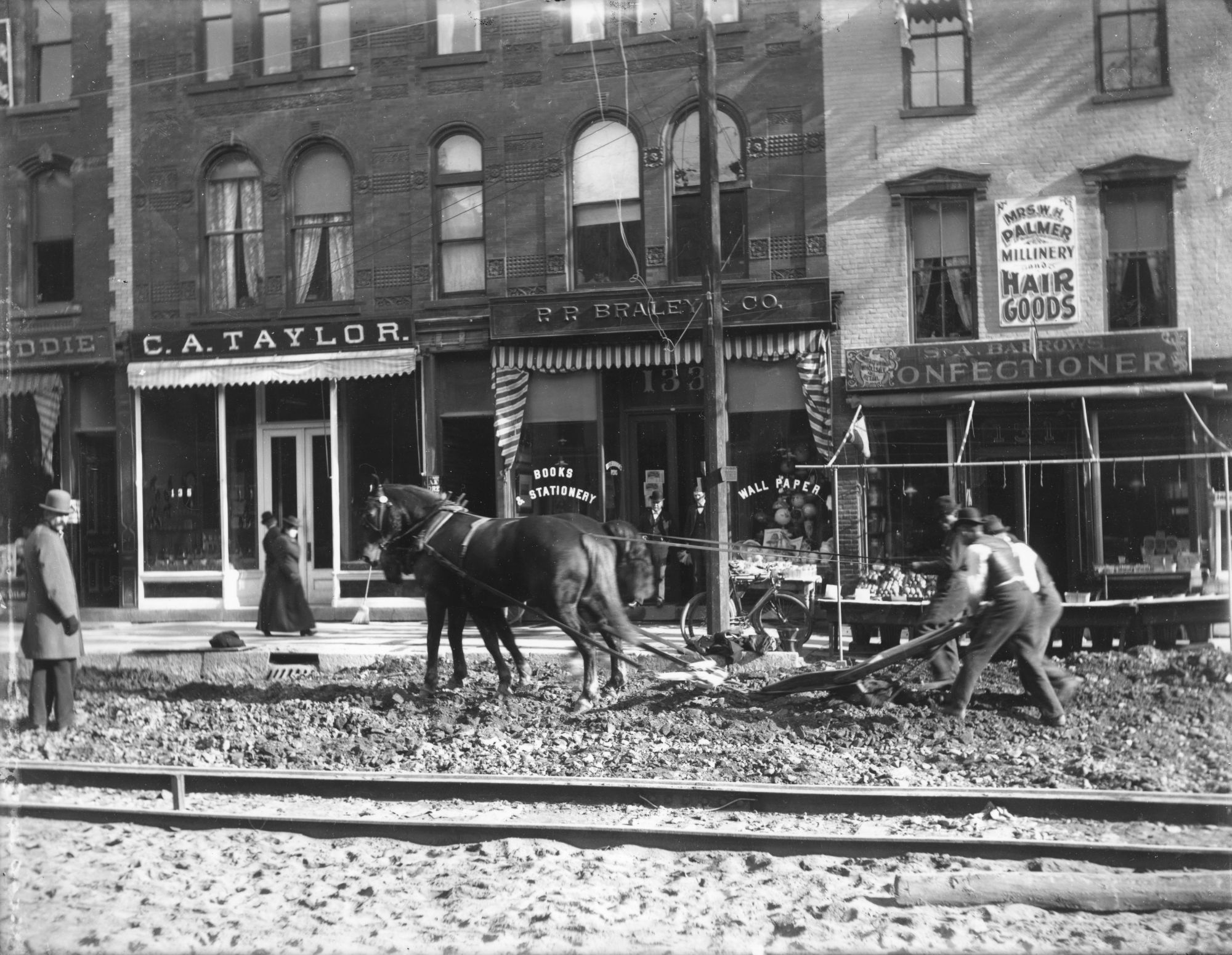 Laying down electric trolley tracks on Glen Street in Glens Falls