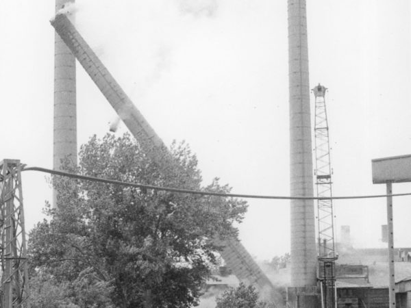 Demolition of cement company smokestack in Glens Falls