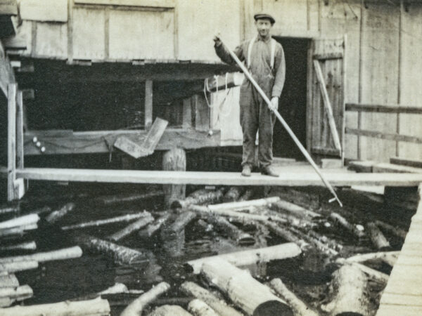 Floating logs into wood room